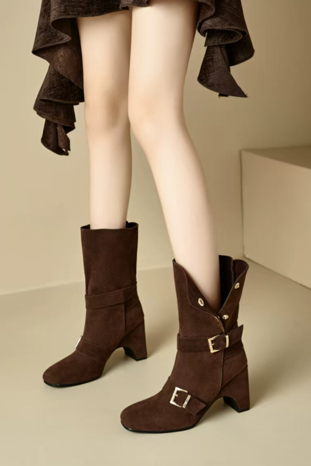 Suede Mid-Calf Boots with Buckle Square Toe Chunky Statement Heel Two-Way Buckle Boots