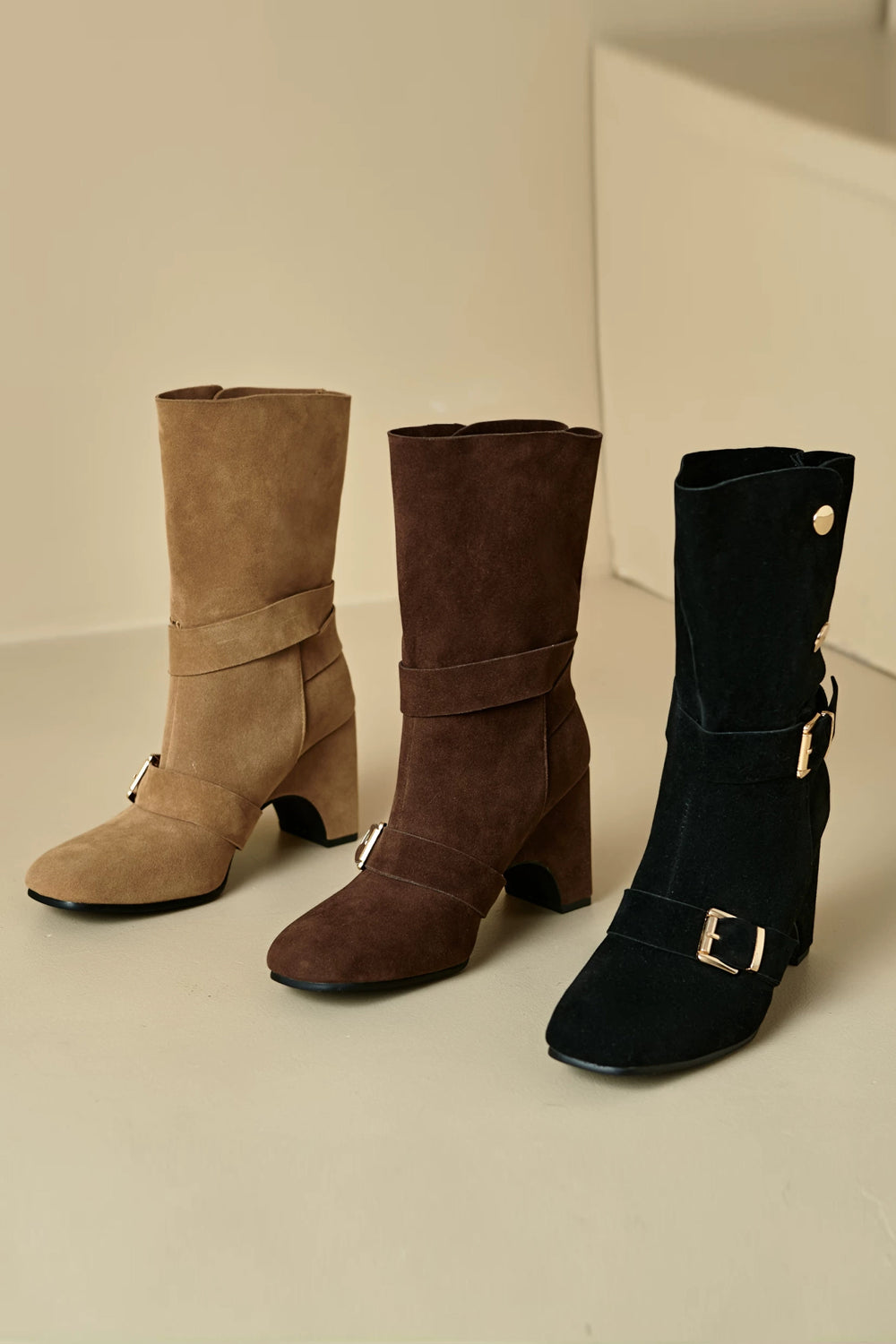 Suede Mid-Calf Boots with Buckle Square Toe Chunky Statement Heel Two-Way Buckle Boots