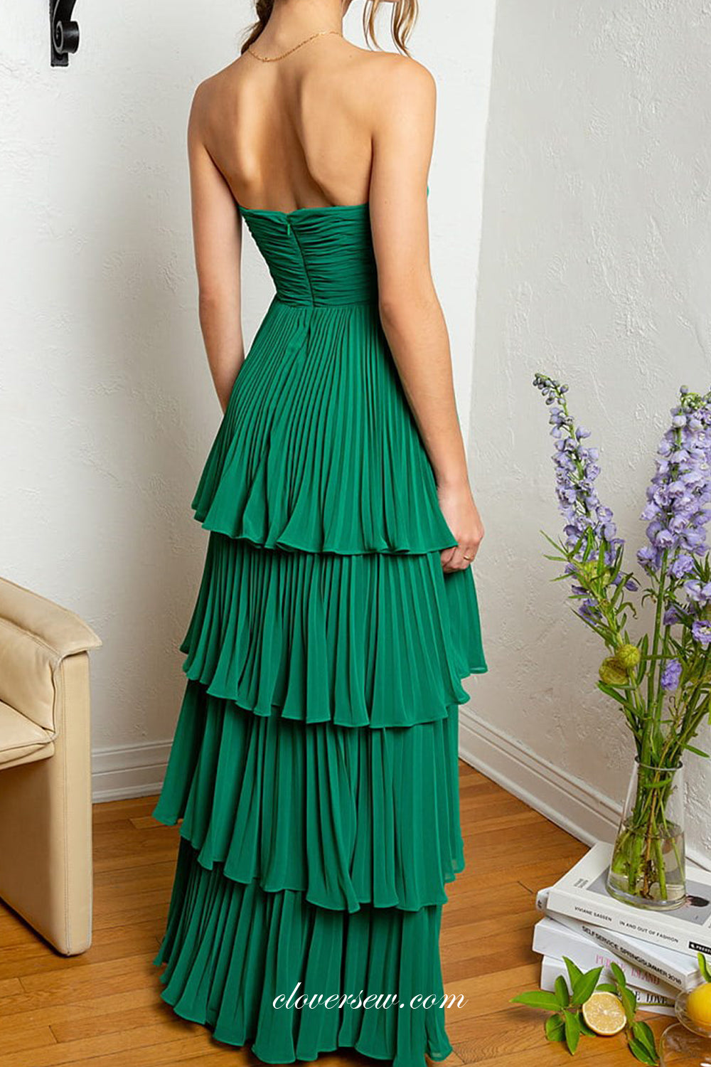 Teal Green Chiffon Ruffles Tieres Strapless A-line Bridesmaid Dresses, CB0302