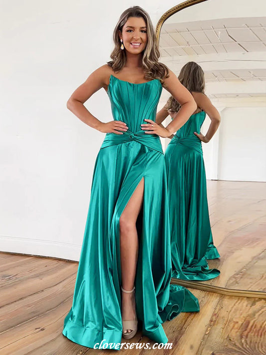 Teal Green Silk Satin Strapless Fashion Side Slit Prom Dresses, CP1148