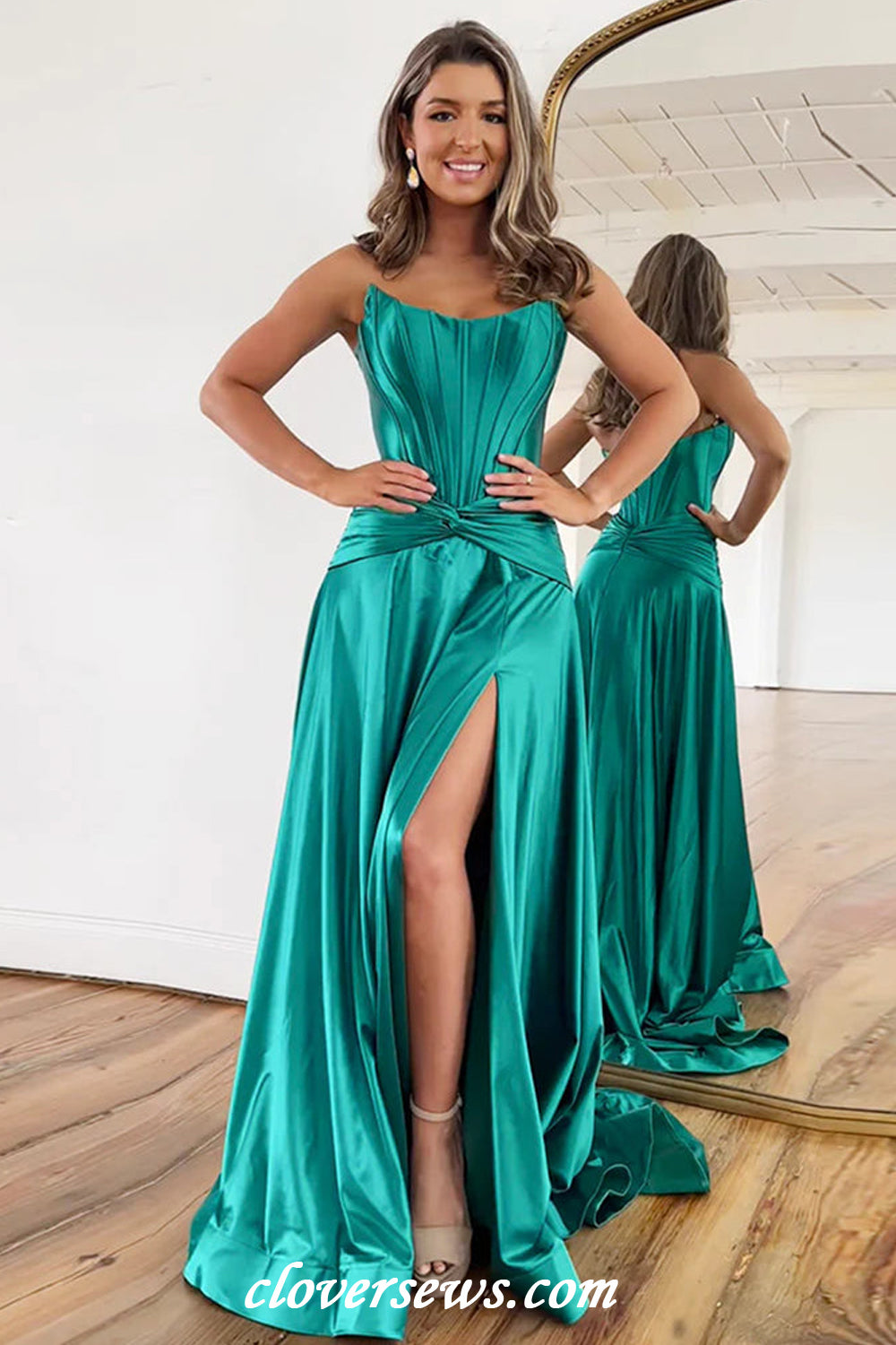 Teal Green Silk Satin Strapless Fashion Side Slit Prom Dresses, CP1148 Teal Green Silk Satin Strapless Fashion Side Slit Prom Dresses, CP1148
