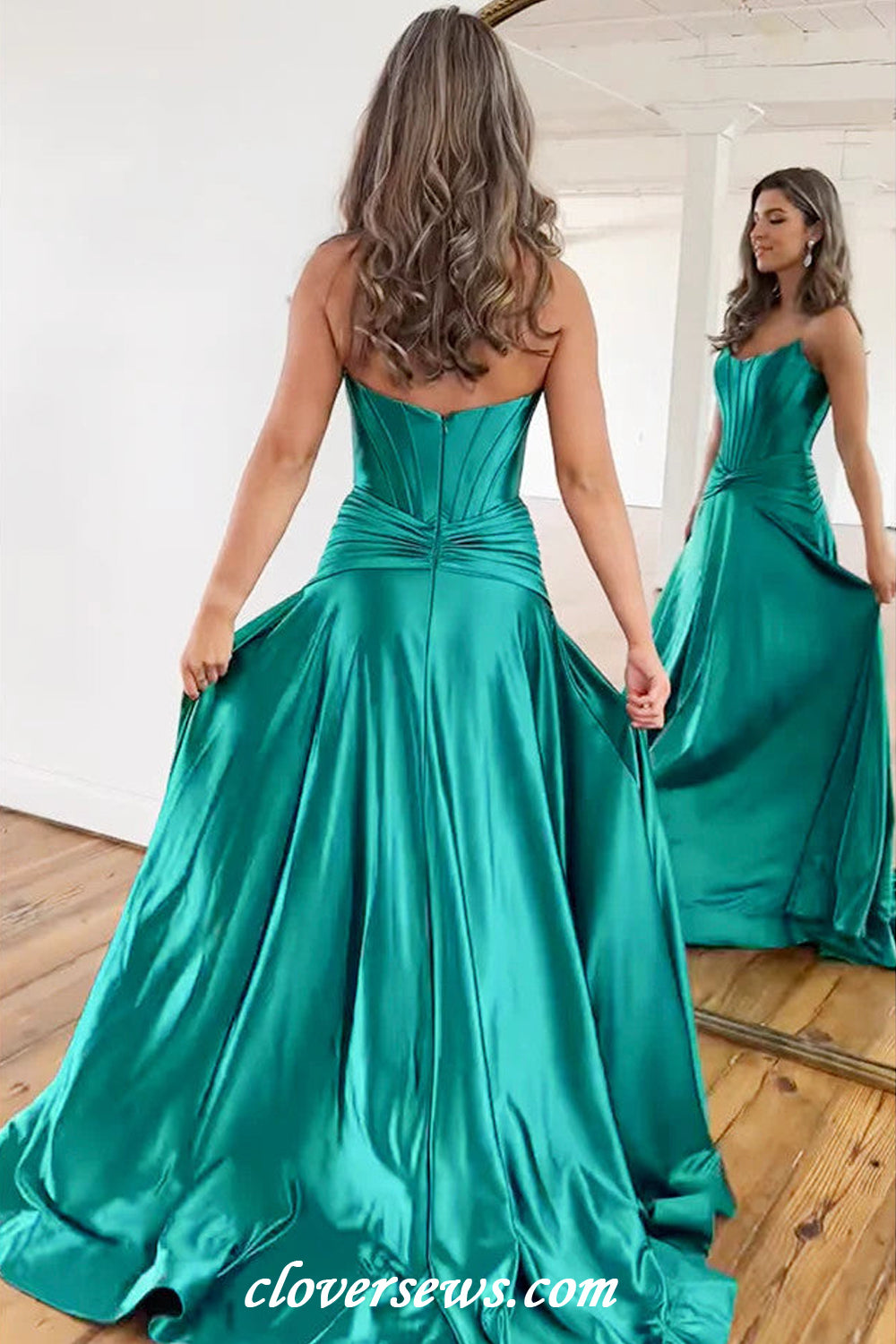 Teal Green Silk Satin Strapless Fashion Side Slit Prom Dresses, CP1148 US16 / Custom Color(Leaving A note) Teal Green Silk Satin Strapless Fashion Side Slit Prom Dresses, CP1148 US16 / Custom Color(Leaving A note)