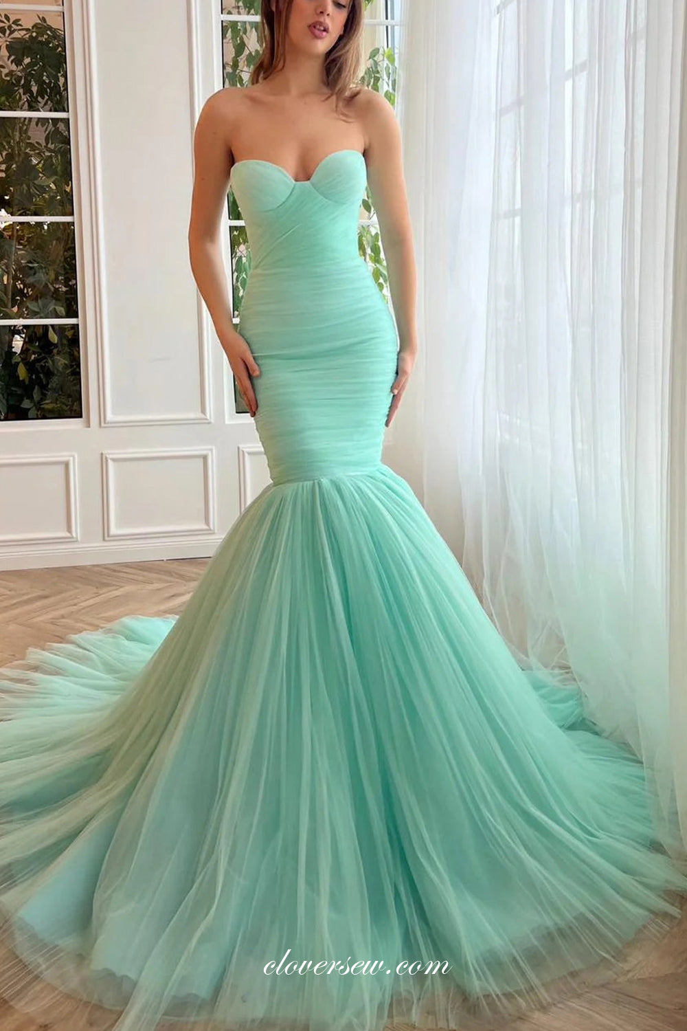 Tiffany Blue Pleating Tulle Sweetheart Strapless Mermaid Prom Dresses, CP1075 Tiffany Blue Pleating Tulle Sweetheart Strapless Mermaid Prom Dresses, CP1075