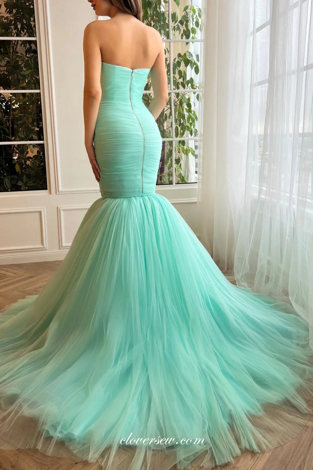 Tiffany Blue Pleating Tulle Sweetheart Strapless Mermaid Prom Dresses, CP1075