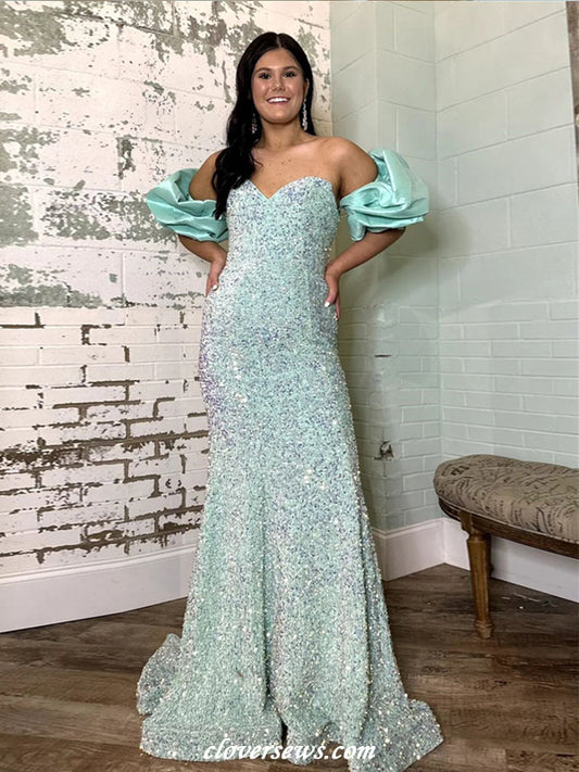 Tiffany Blue Sequin Strapless With Bubble Sleeves Mermaid Shiny Prom Dresses, CP1145