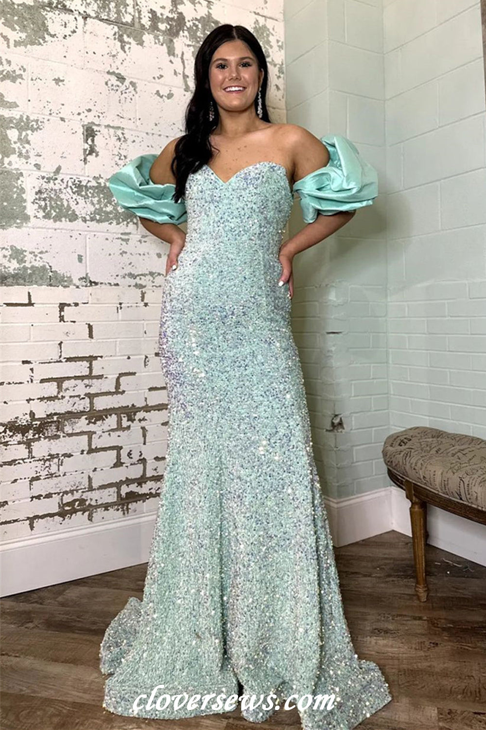 Tiffany Blue Sequin Strapless With Bubble Sleeves Mermaid Shiny Prom Dresses, CP1145