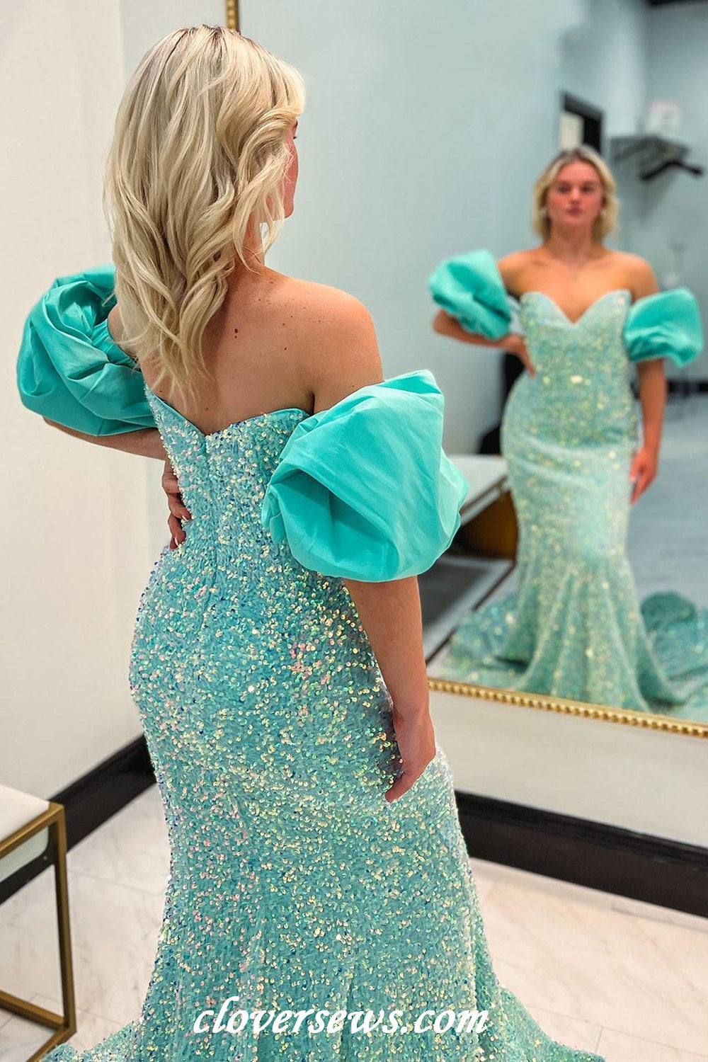 Tiffany Blue Sequin Strapless With Bubble Sleeves Mermaid Shiny Prom Dresses, CP1145