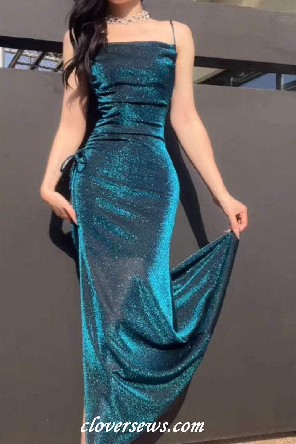Turquoise Shiny Jersey Spaghetti Strap Sheath Side Slit Evening Dresses, CP1195 Turquoise Shiny Jersey Spaghetti Strap Sheath Side Slit Evening Dresses, CP1195