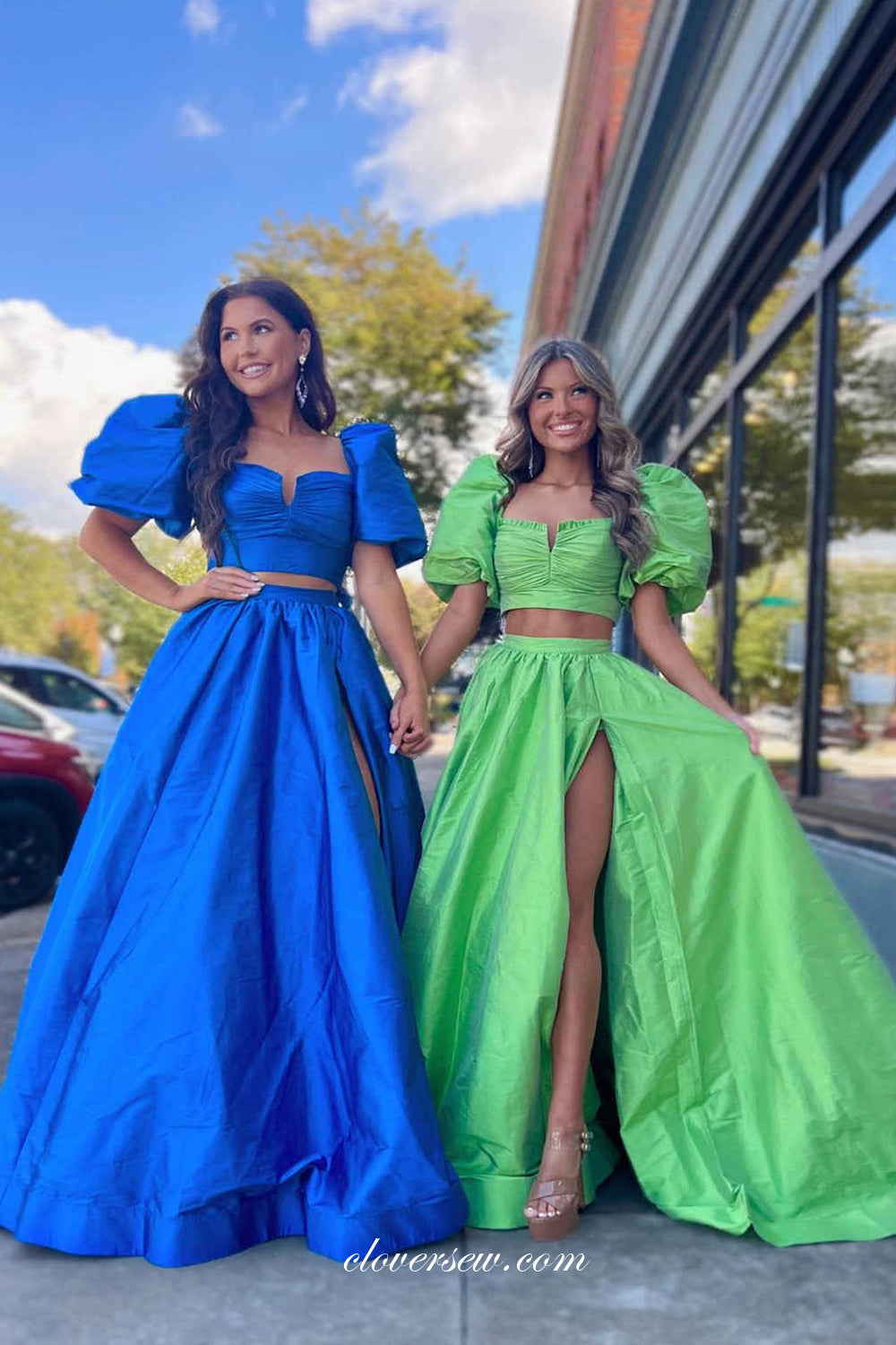 Two Piece Half Puffy Sleeves A-line Side Slit Prom Dresses, CP1068