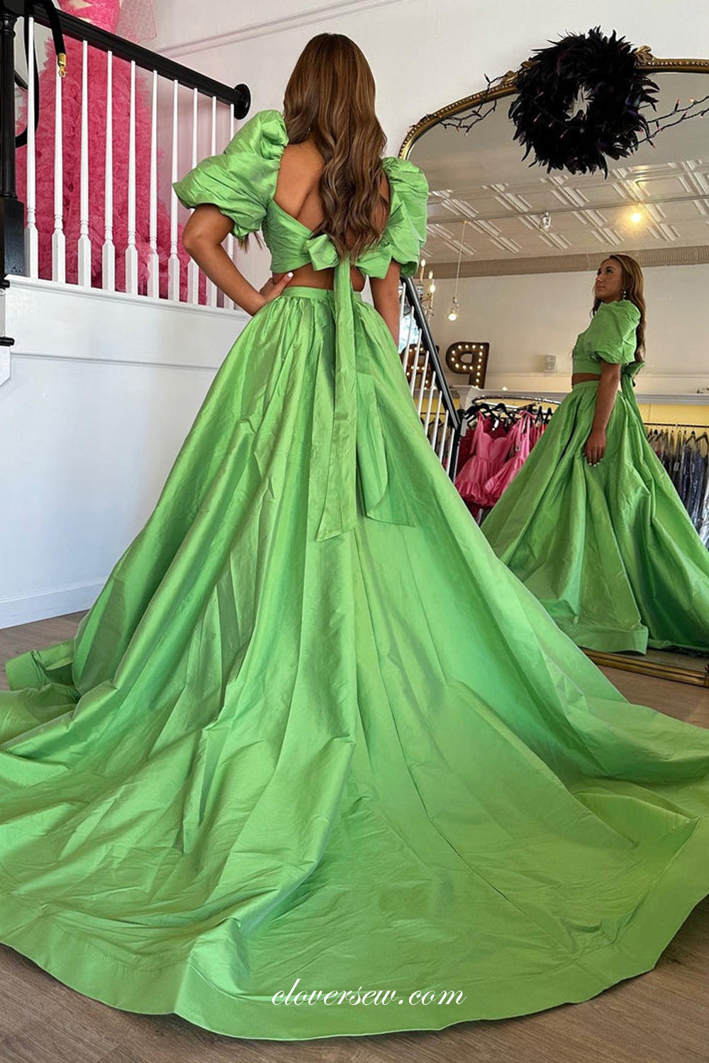Two Piece Half Puffy Sleeves A-line Side Slit Prom Dresses, CP1068