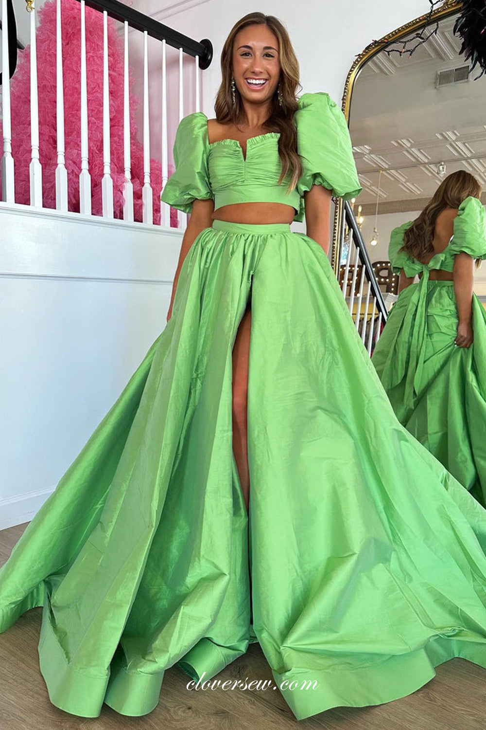 Two Piece Half Puffy Sleeves A-Line Side Slit Prom Dresses, CP1068 US2 / Pic Blue Two Piece Half Puffy Sleeves A-Line Side Slit Prom Dresses, CP1068 US2 / Pic Blue