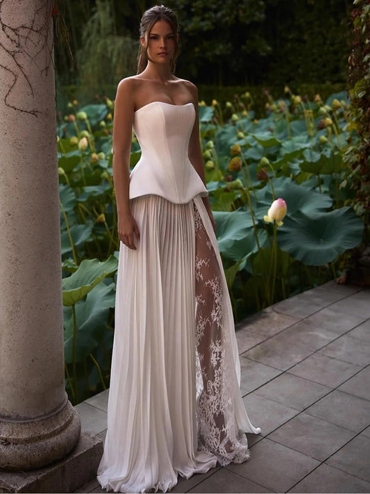 Two Piece Lace-Up Corset Top Lace Slit A-line with Cascading Pleats Chiffon Wedding Dresses, CW0440