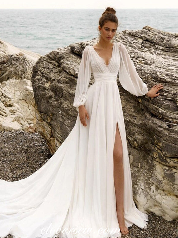 V-neck Chiffon Long Sleeves A-line With High Slit Beach Wedding Dresses, CW0363