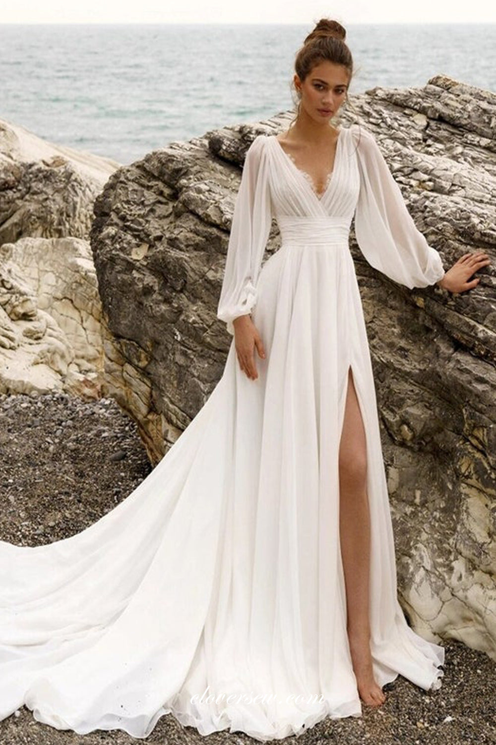 V-neck Chiffon Long Sleeves A-line With High Slit Beach Wedding Dresses, CW0363