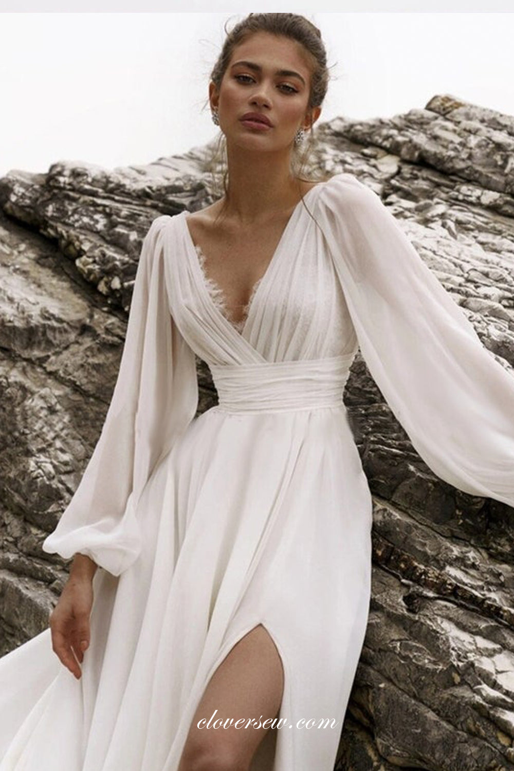 V-neck Chiffon Long Sleeves A-line With High Slit Beach Wedding Dresses, CW0363