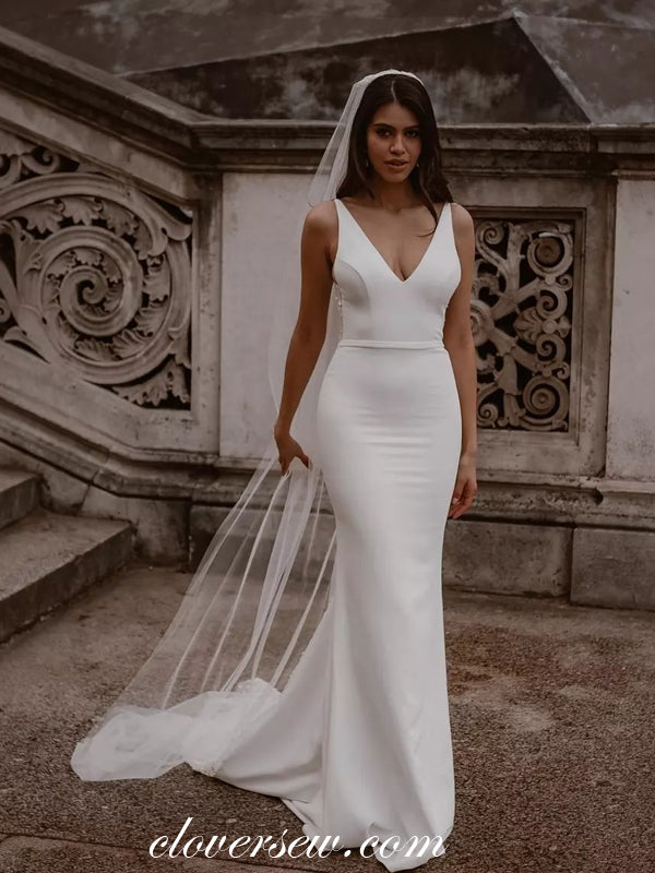 V-neck Sleeveless Satin Backless Mermaid Simple Wedding Dresses, CW037 –  clover sew