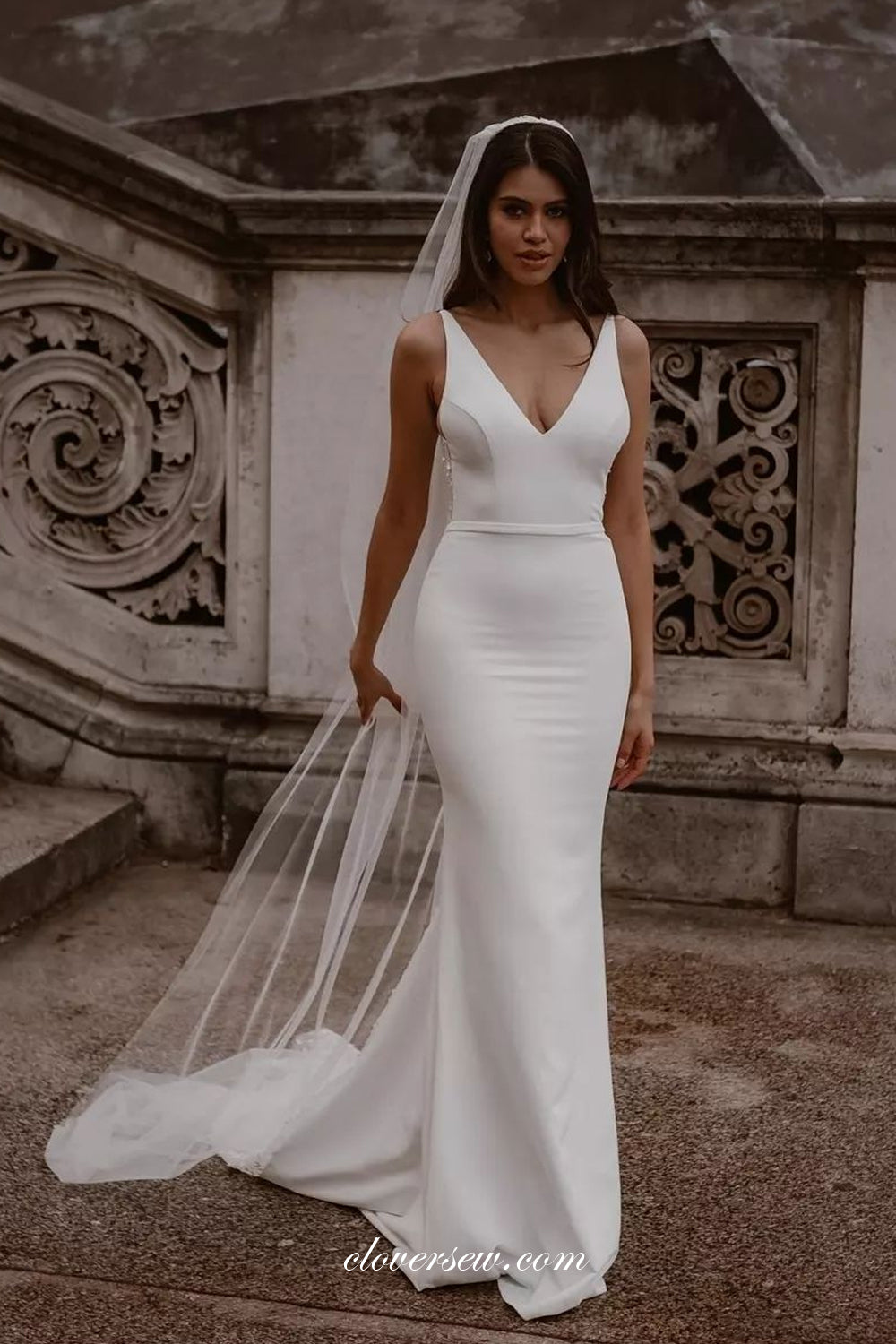 V-Neck Sleeveless Satin Backless Mermaid Simple Wedding Dresses, CW0373 Custom Size(Leaving A note) / As Pic V-Neck Sleeveless Satin Backless Mermaid Simple Wedding Dresses, CW0373 Custom Size(Leaving A note) / As Pic