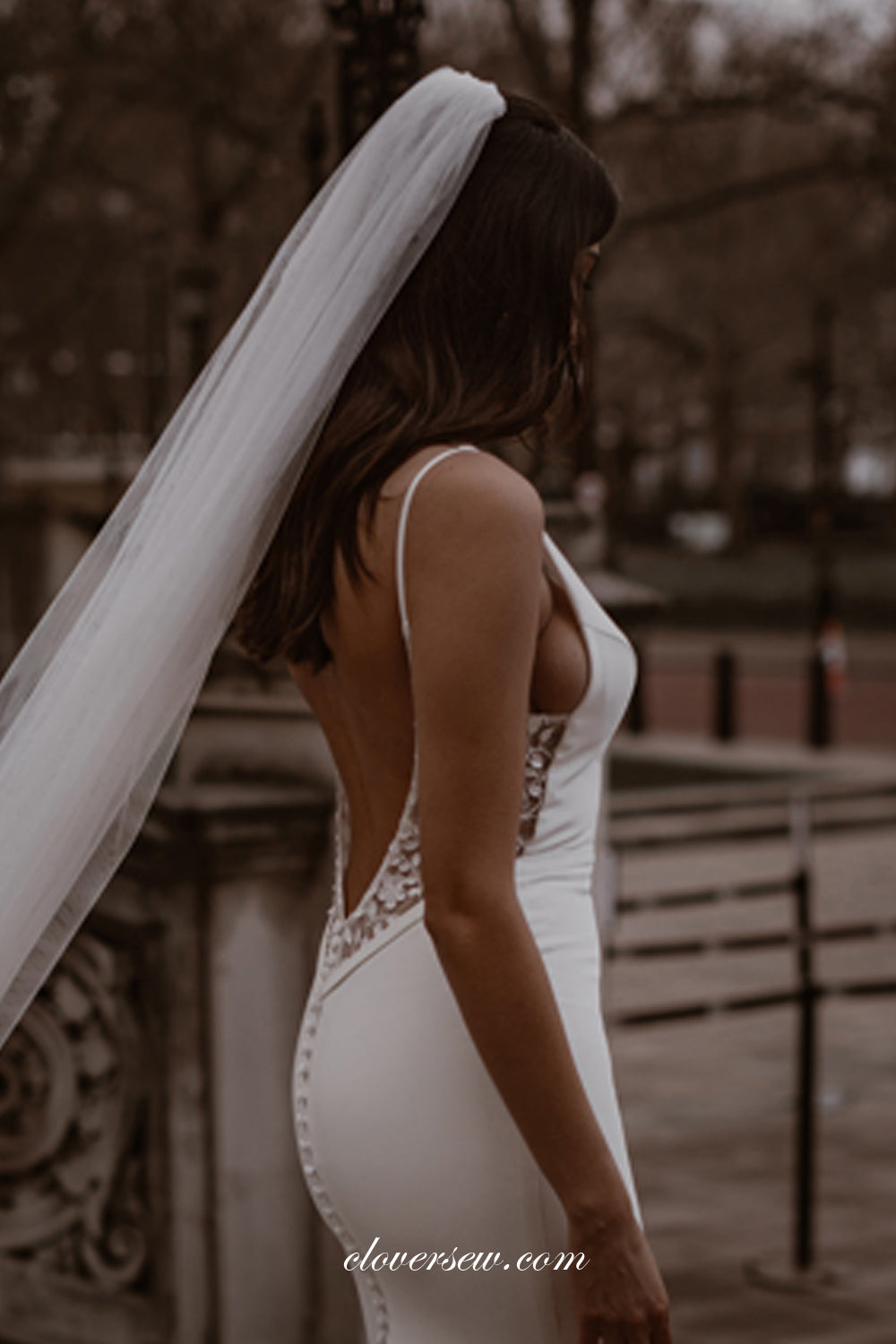 V-neck Sleeveless Satin Backless Mermaid Simple Wedding Dresses, CW0373