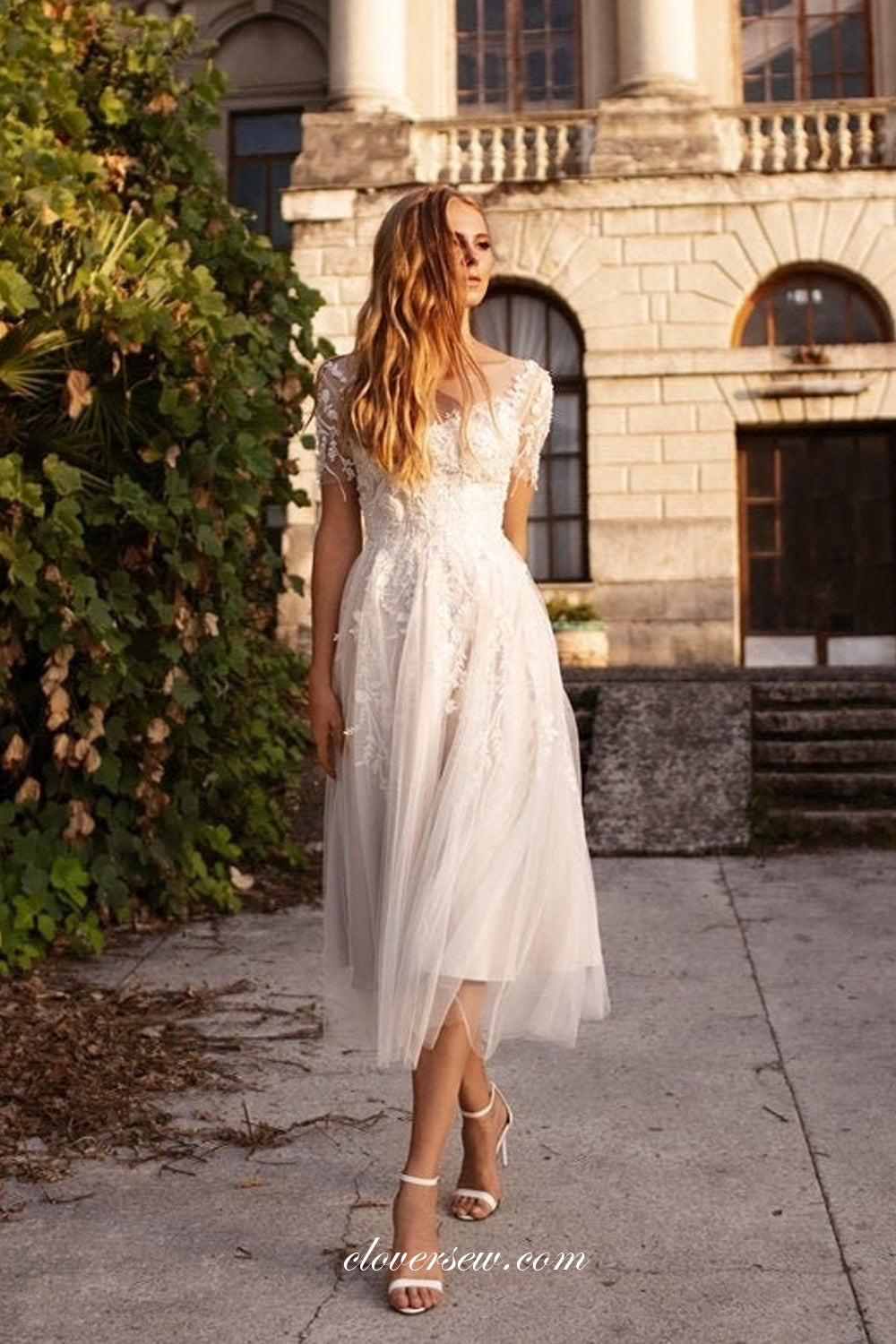 Vintage Lace Short Sleeves Illusion Round Neck A-line Short Wedding Dresses, CW0388