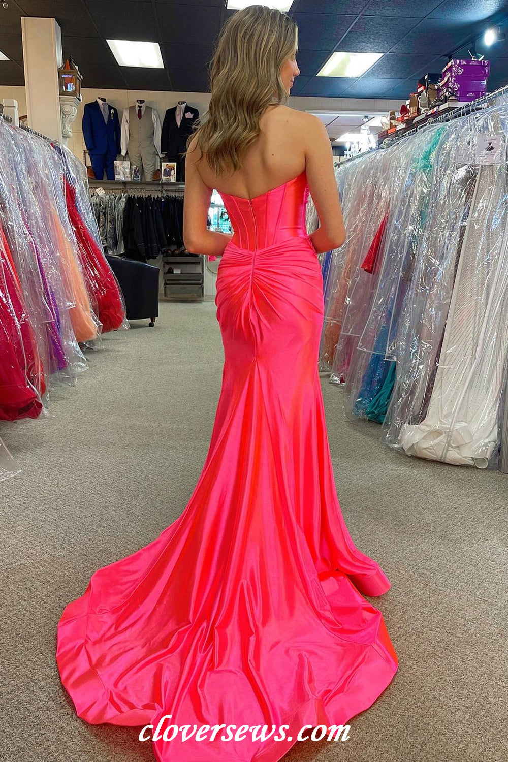 Watermelon Red Elastic Satin Pleating Sweetheart Strapless Mermaid High Slit Modern Prom Dresses, CP1159 Watermelon Red Elastic Satin Pleating Sweetheart Strapless Mermaid High Slit Modern Prom Dresses, CP1159