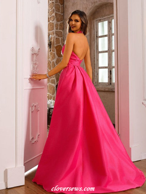 Watermelon Red Satin Bubble A-line With Slit Halter Prom Dresses, CP11 clover sew Watermelon Red Satin Bubble A-line With Slit Halter Prom Dresses, CP11 clover sew