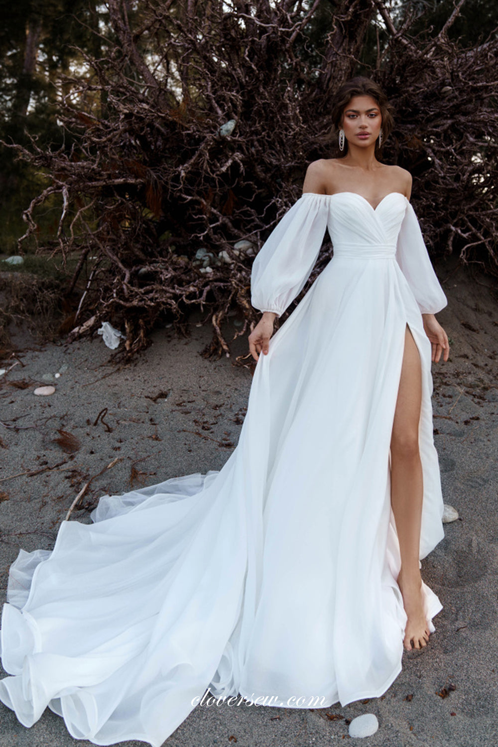 White Chiffon Tulle Long Puffy Sleeves A-line With Side Beach Wedding clover sew White Chiffon Tulle Long Puffy Sleeves A-line With Side Beach Wedding clover sew