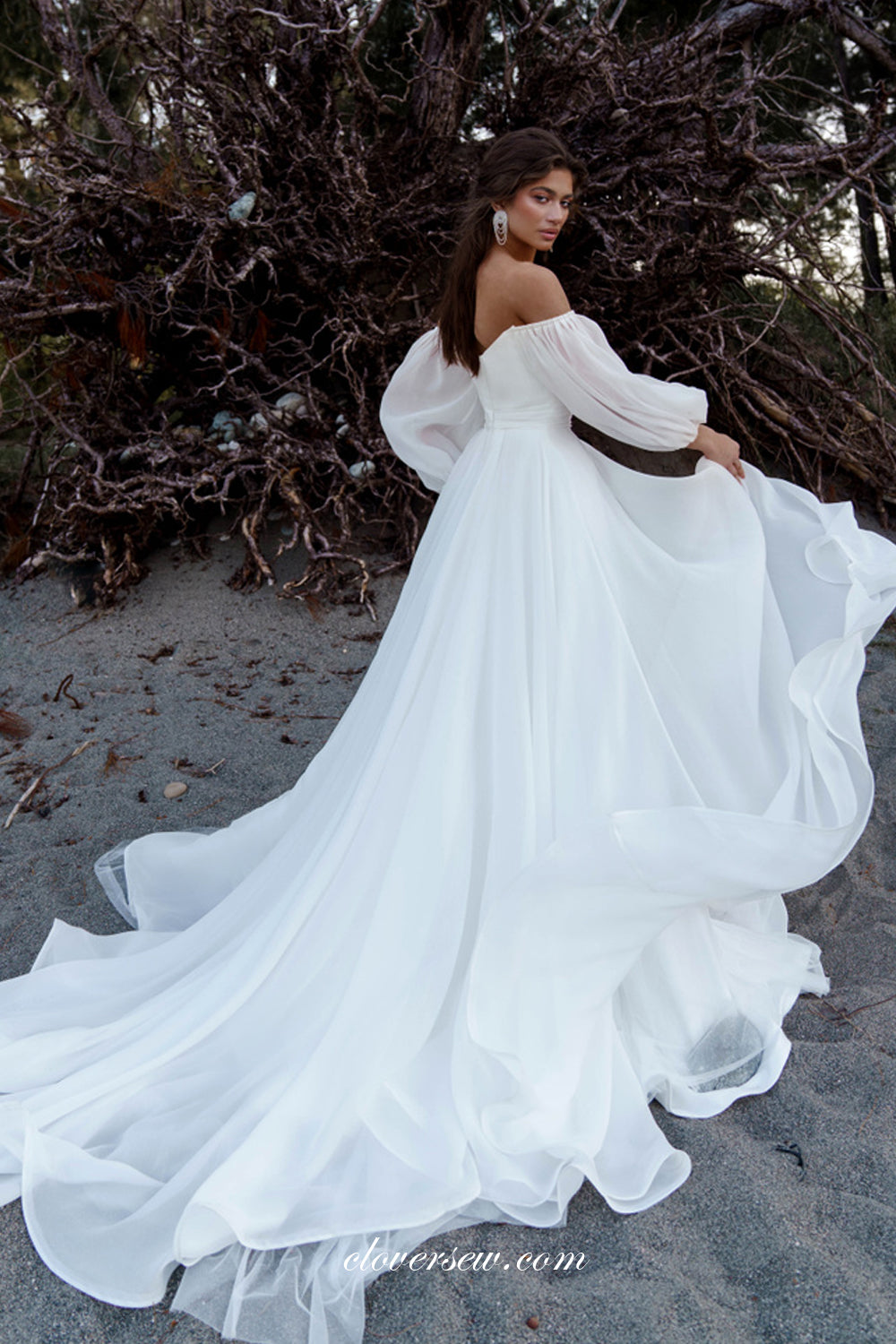White Chiffon Tulle Long Puffy Sleeves A-line With Side Beach Wedding Dresses, CW0365