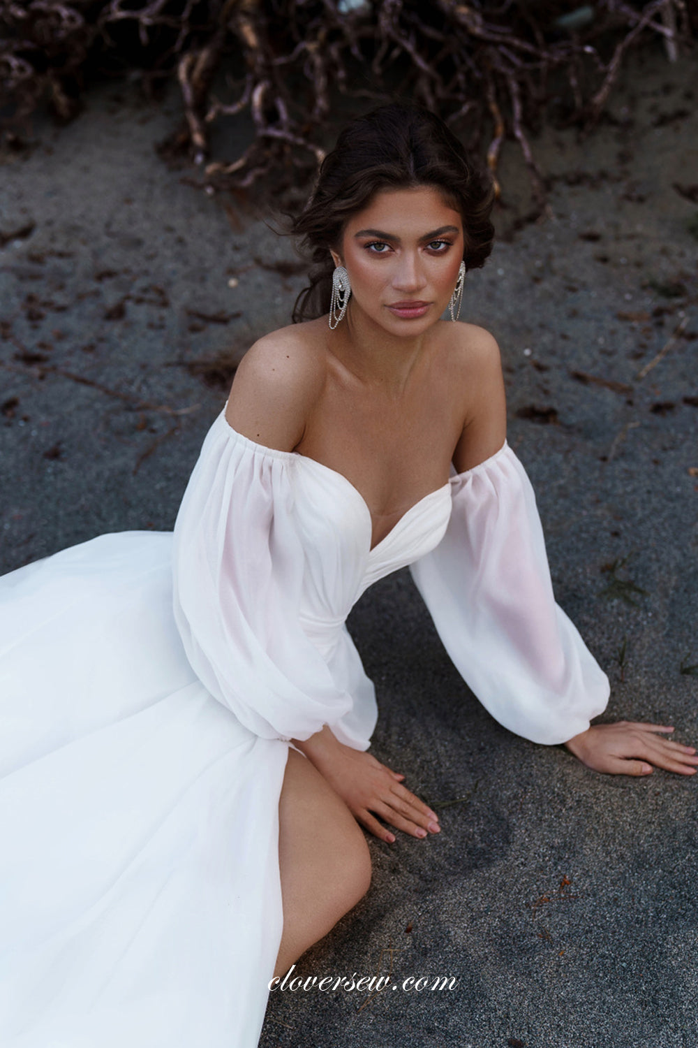 White Chiffon Tulle Long Puffy Sleeves A-line With Side Beach Wedding clover sew White Chiffon Tulle Long Puffy Sleeves A-line With Side Beach Wedding clover sew
