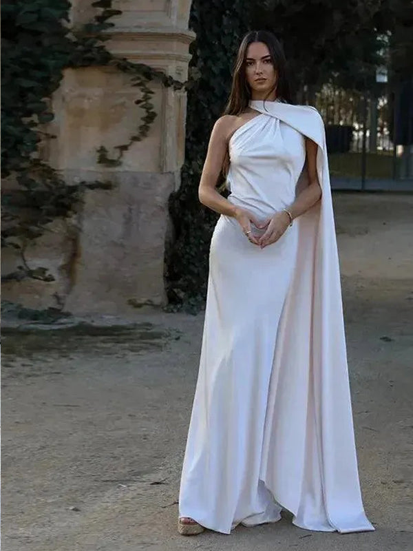 White Elastic Satin Halter Shawl Mermaid Formal Dresses, CP1038