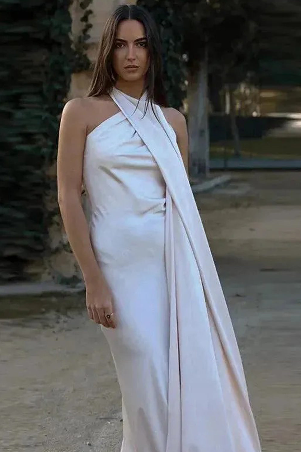 White Elastic Satin Halter Shawl Mermaid Formal Dresses, CP1038