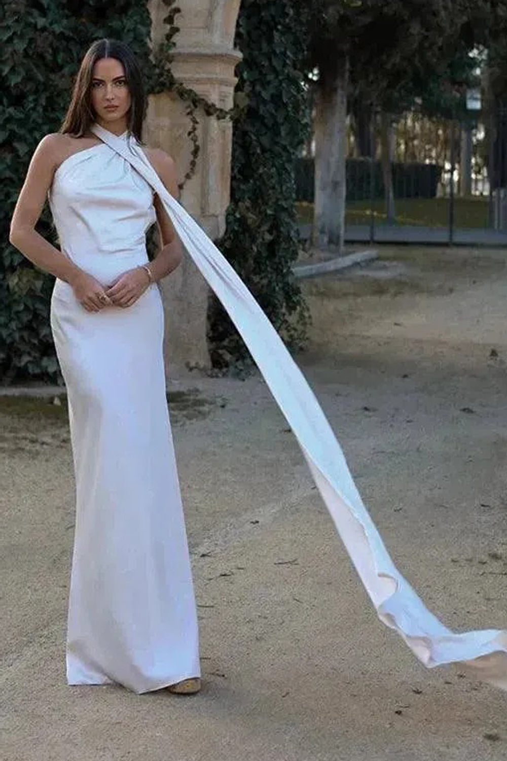 White Elastic Satin Halter Shawl Mermaid Formal Dresses, CP1038