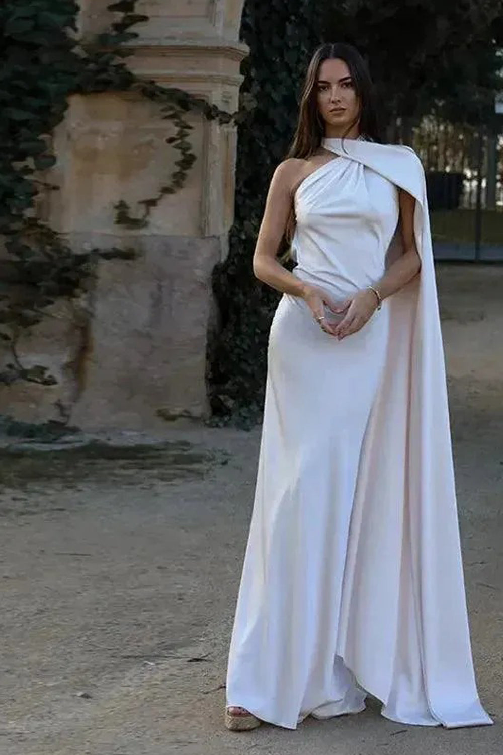 White Elastic Satin Halter Shawl Mermaid Formal Dresses, CP1038