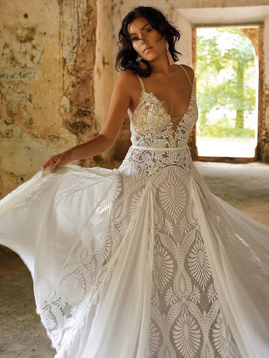 White Lace Chiffon V-neck Backless Charming Boho Wedding Dresses, CW0418