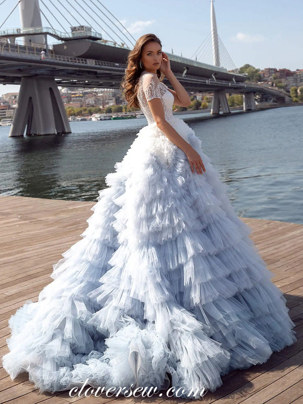 White Light Dusty Blue Ruffles Tulle Beading Lace Tiered Ball Gown Princess Wedding Gowns, CW0376