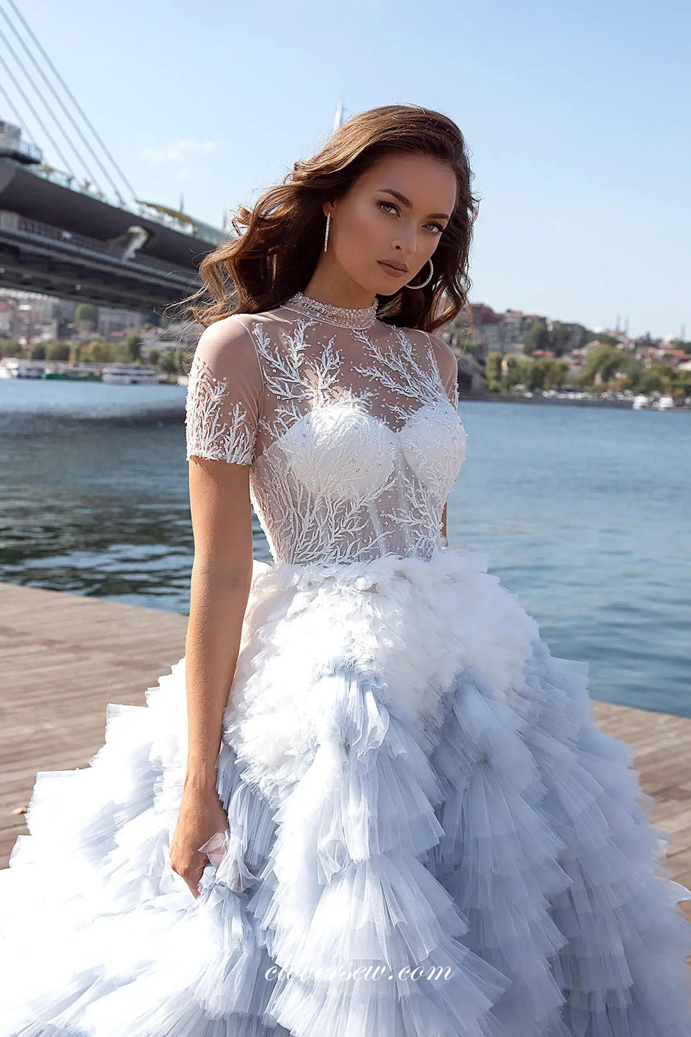 dusty blue and white wedding dress Dusty Blue Sparkly Wedding Dress with V Neck CICELY Size 22W / Dusty Blue