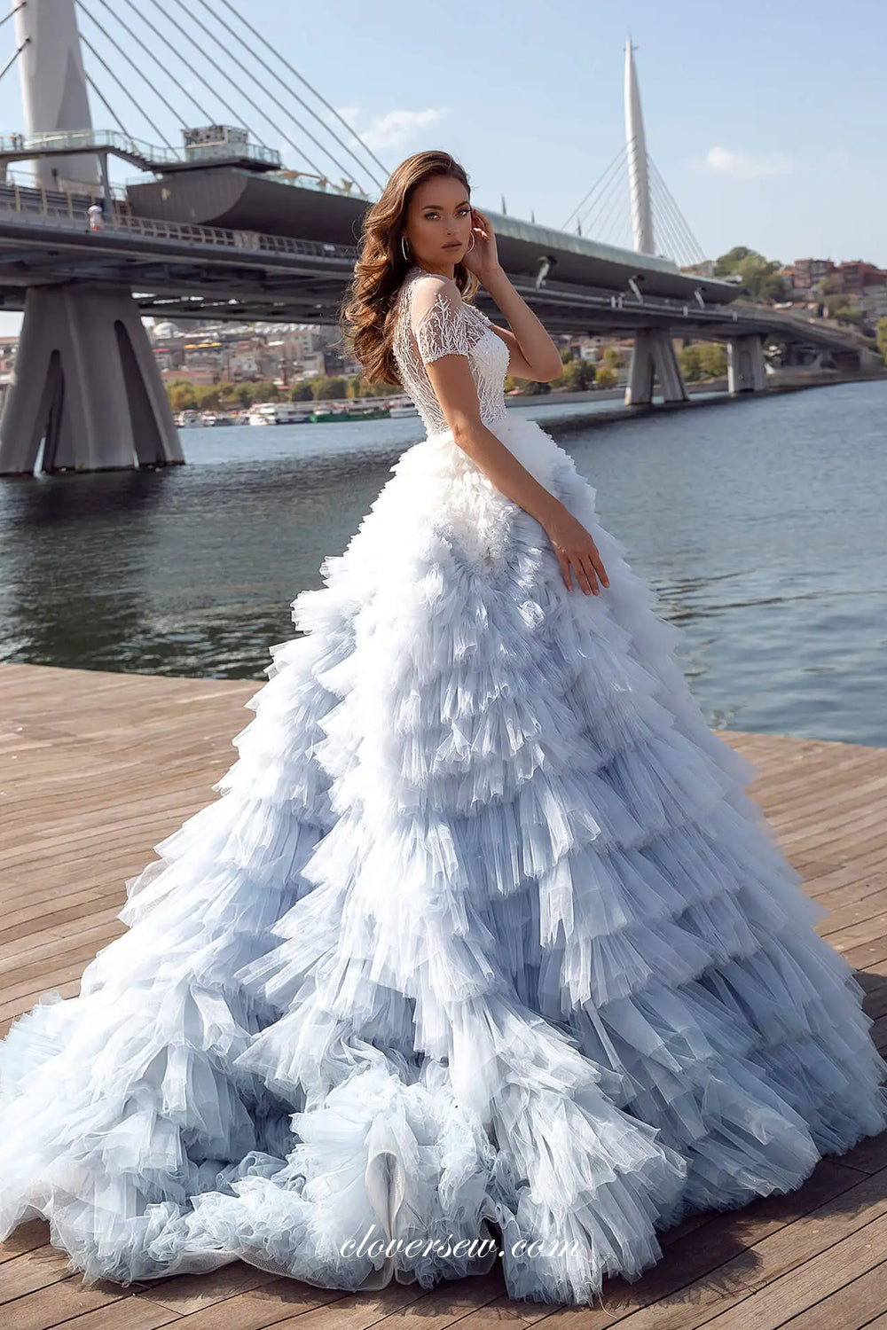 White Light Dusty Blue Ruffles Tulle Beading Lace Tiered Ball Gown Princess Wedding Gowns, CW0376