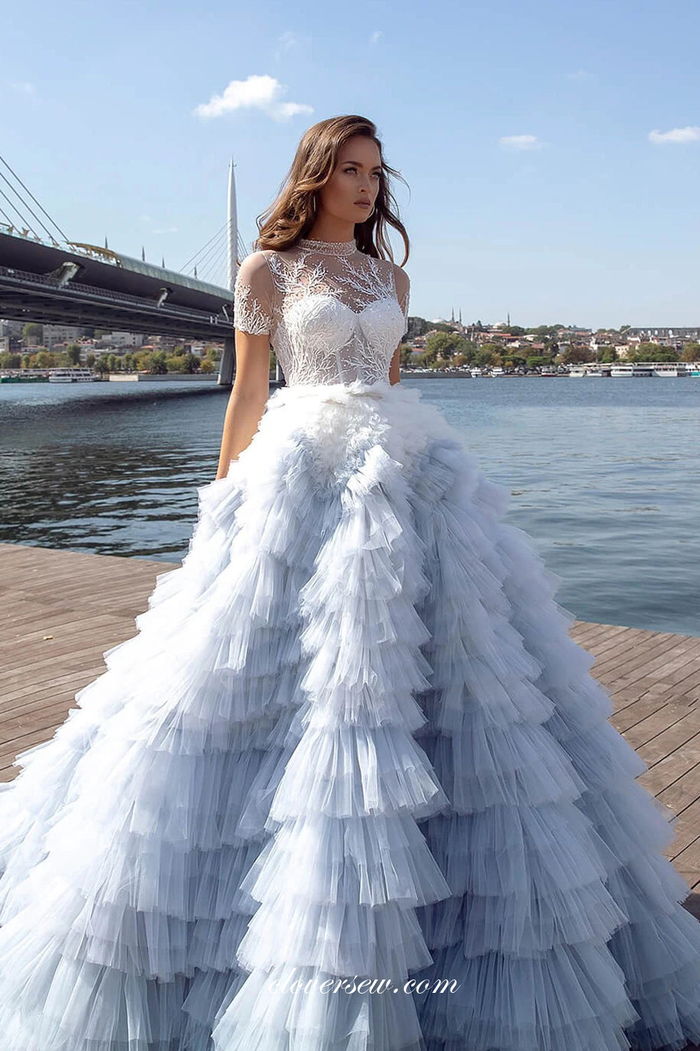 White Light Dusty Blue Ruffles Tulle Beading Lace Tiered Ball Gown Princess Wedding Gowns, CW0376 White Light Dusty Blue Ruffles Tulle Beading Lace Tiered Ball Gown Princess Wedding Gowns, CW0376