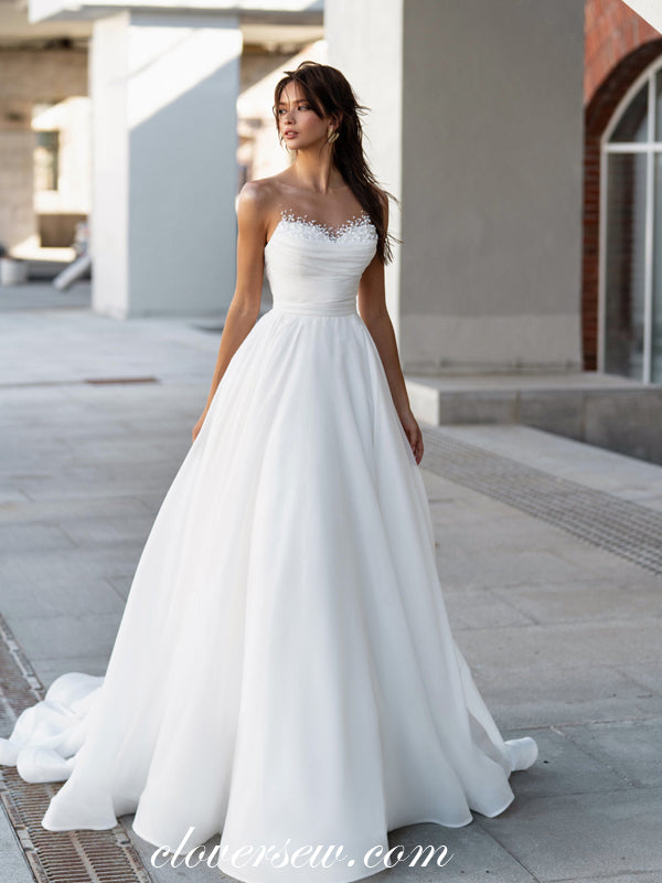 White Organza Pleating Beading Neckline A-line Simple Wedding Dresses, CW0362