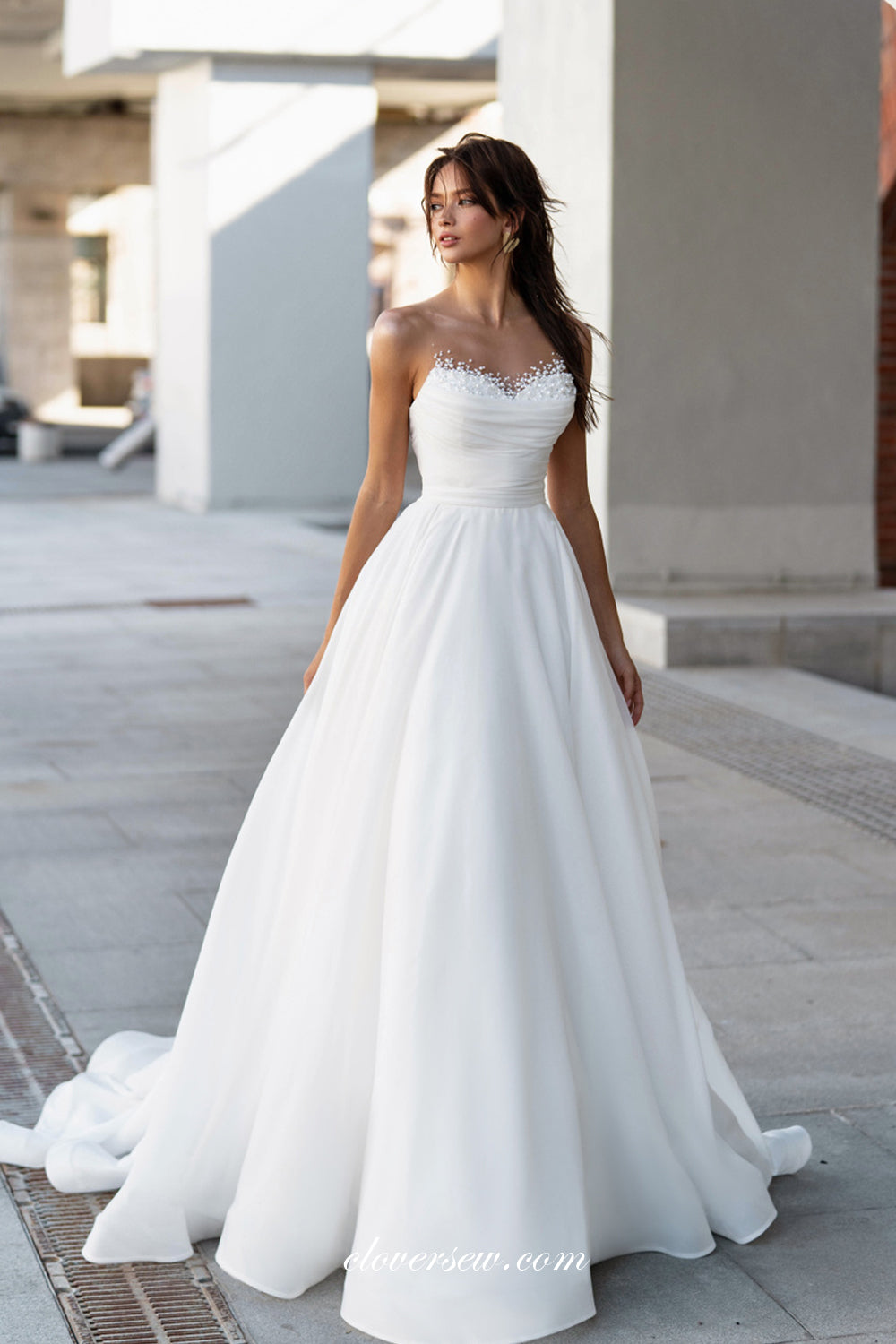 White Organza Pleating Beading Neckline A-line Simple Wedding Dresses, CW0362