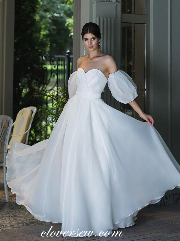 White Organza Sweetheart Detachable Sleeves Simple Floor Length Wedding Dresses, CW0356