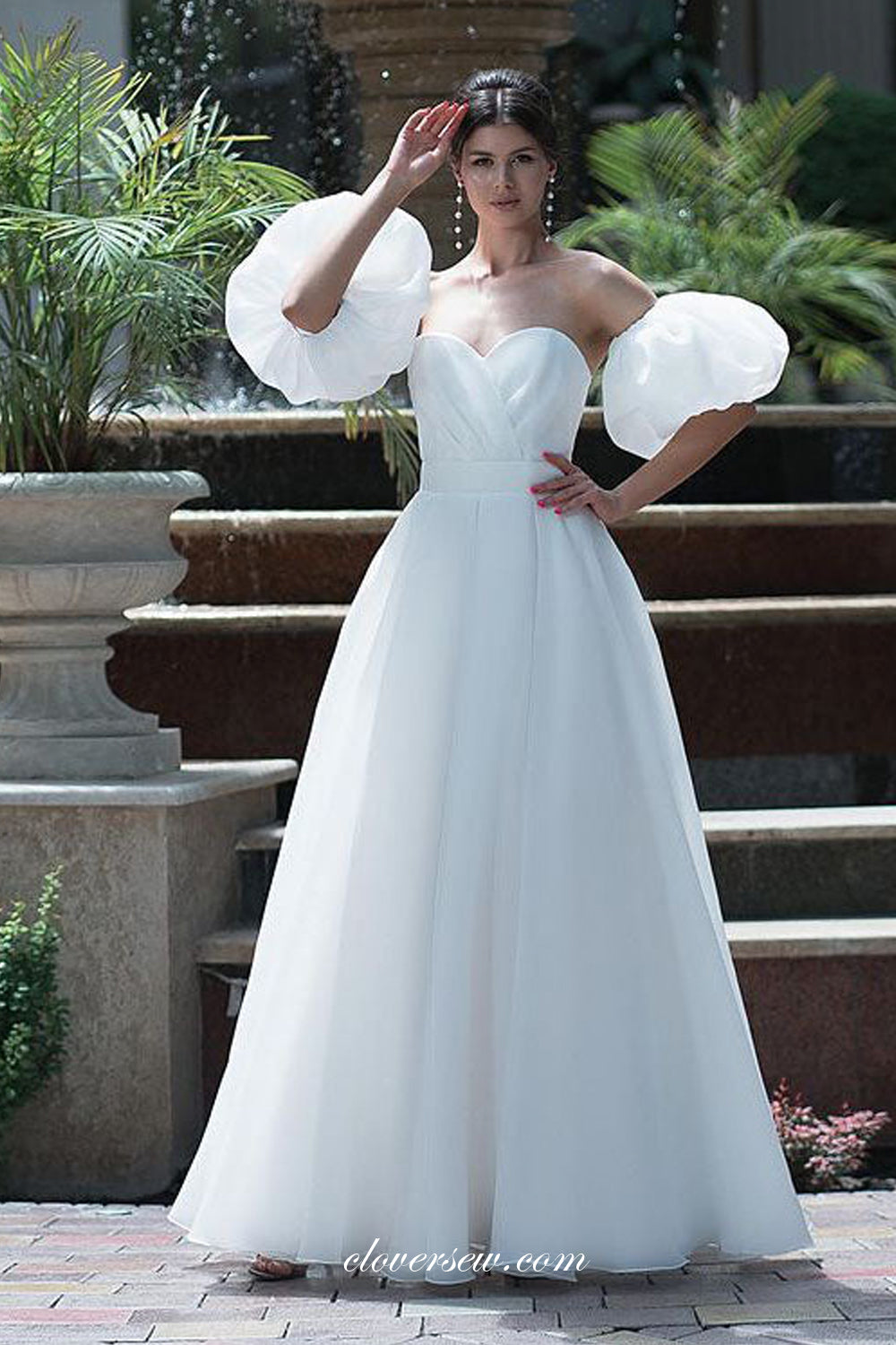 White Organza Sweetheart Detachable Sleeves Simple Floor Length Wedding Dresses, CW0356