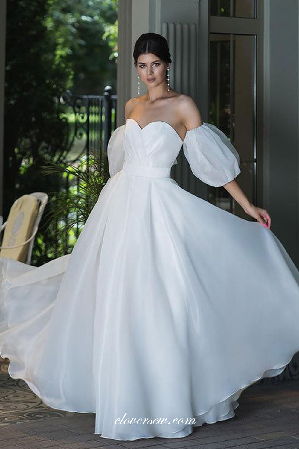 White Organza Sweetheart Detachable Sleeves Simple Floor Length Wedding Dresses, CW0356