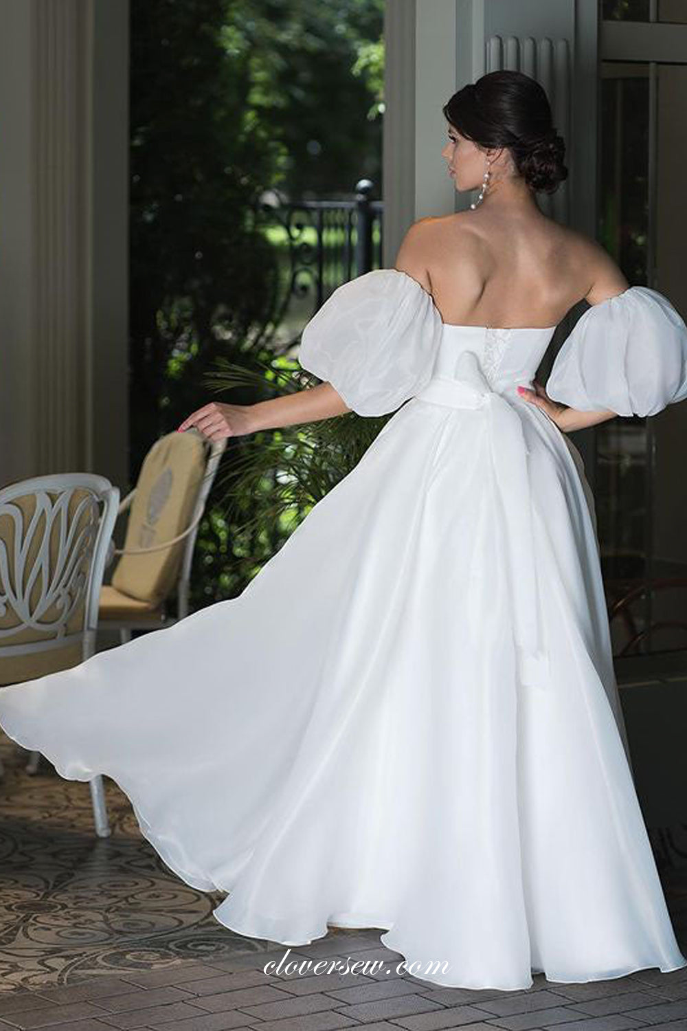 White Organza Sweetheart Detachable Sleeves Simple Floor Length Wedding Dresses, CW0356