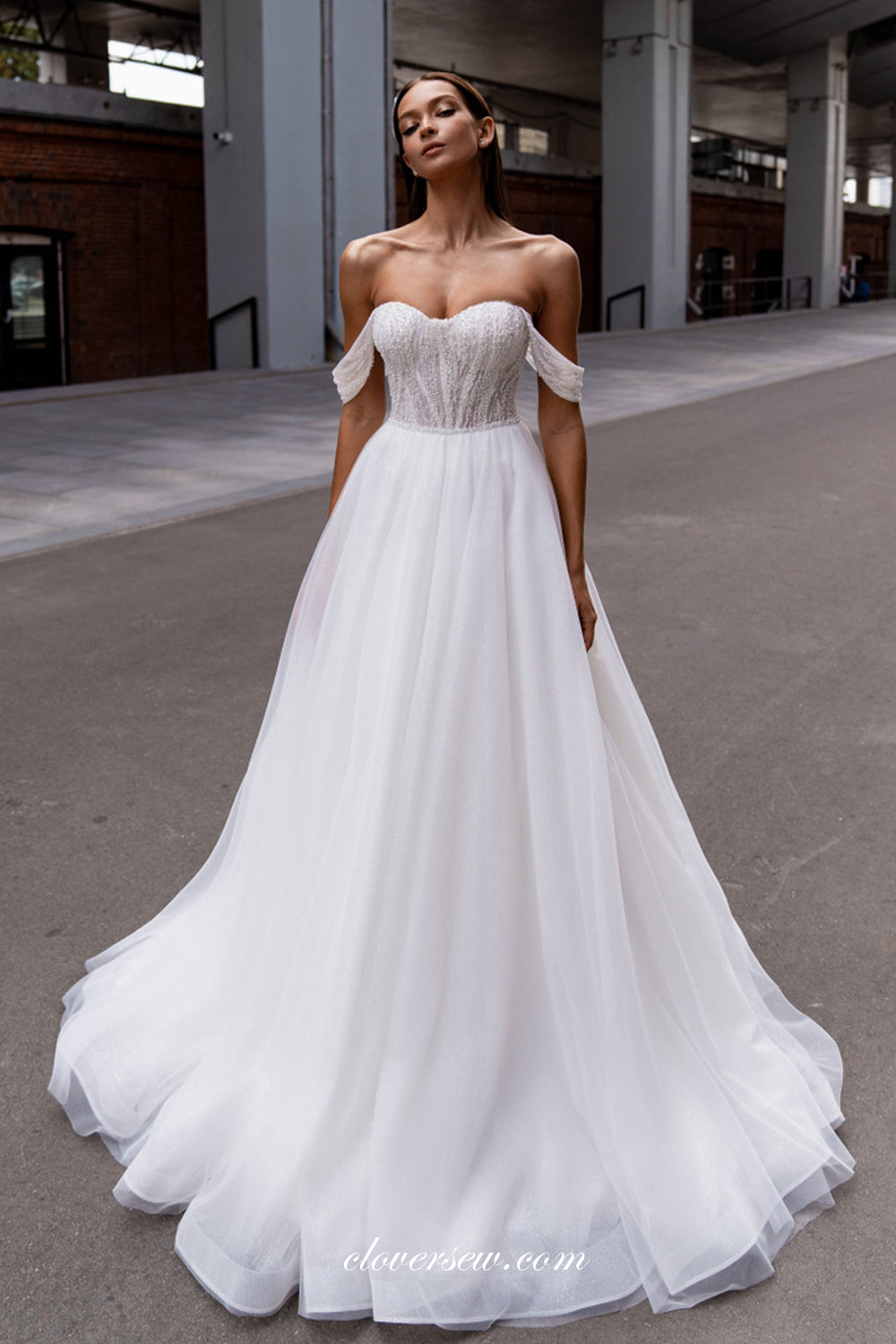 White Pearl Tulle Off The Shoulder A-line Vintage Wedding Dresses, CW0354 US14 / As Pic White Pearl Tulle Off The Shoulder A-line Vintage Wedding Dresses, CW0354 US14 / As Pic
