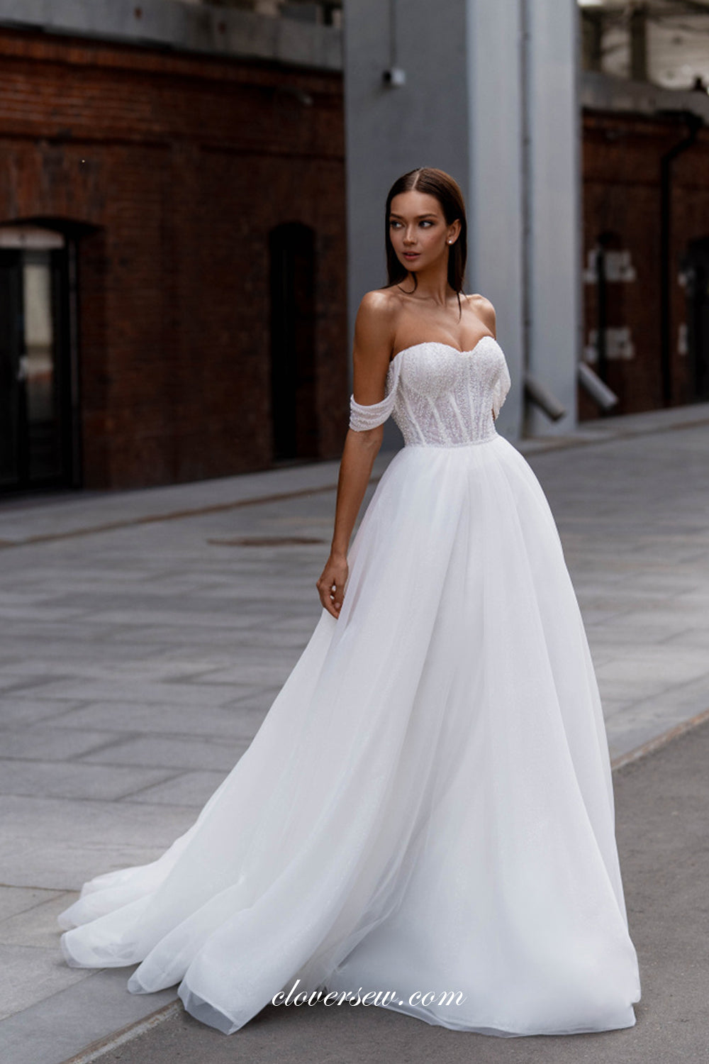White Pearl Tulle Off The Shoulder A-line Vintage Wedding Dresses, CW0354 US14 / As Pic White Pearl Tulle Off The Shoulder A-line Vintage Wedding Dresses, CW0354 US14 / As Pic
