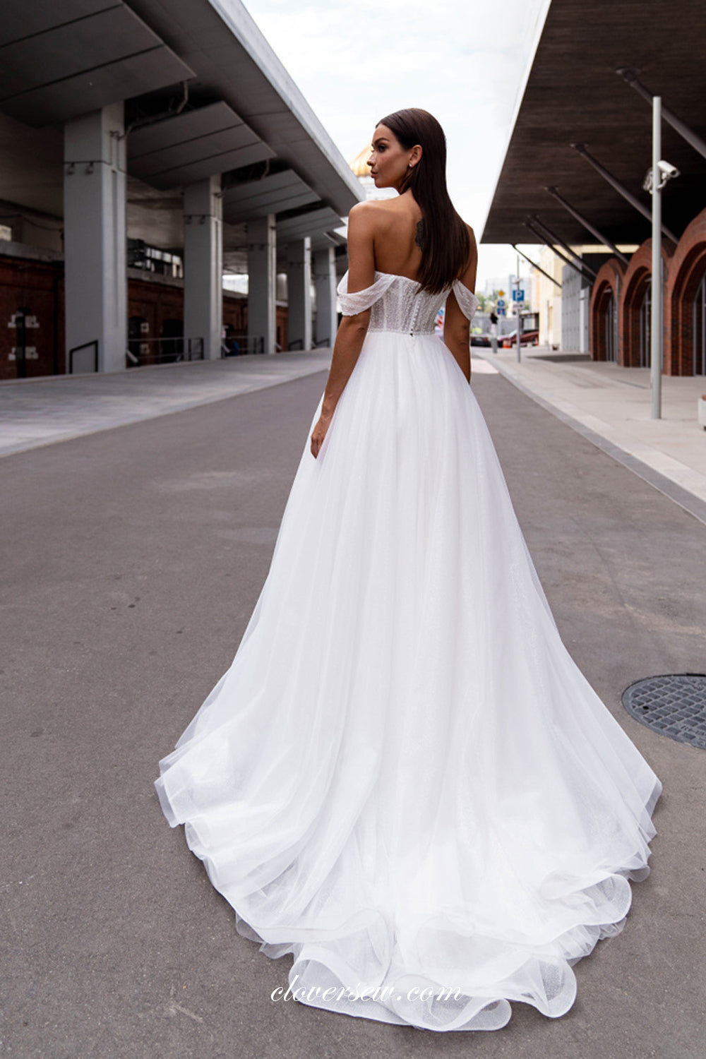 White Pearl Tulle Off The Shoulder A-line Vintage Wedding Dresses, CW0354