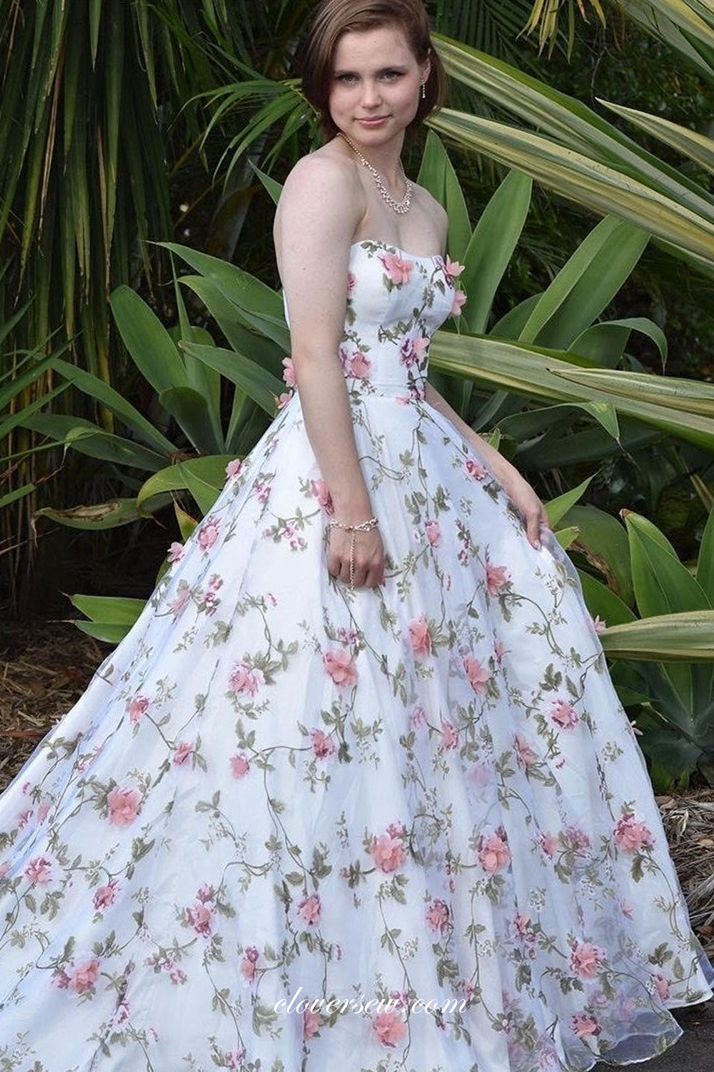 White Pink 3D Floral Lace Strapless A-line Fashion Prom Dresses, CP1027 White Pink 3D Floral Lace Strapless A-line Fashion Prom Dresses, CP1027