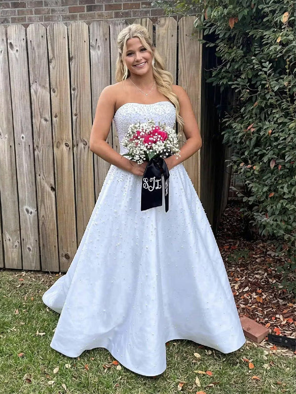 White Satin Pearls Strapless A-line Lace-up Back Prom Dresses With Pockets, CP1212