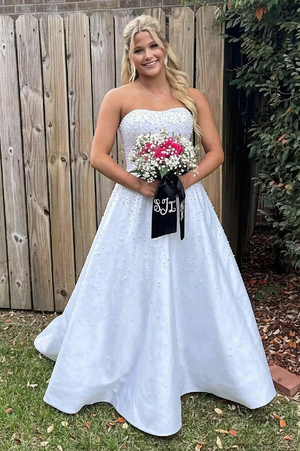 White Satin Pearls Strapless A-line Lace-up Back Prom Dresses With Pockets, CP1212