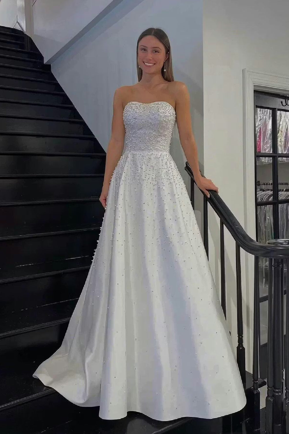 White Satin Pearls Strapless A-line Lace-up Back Prom Dresses With Pockets, CP1212